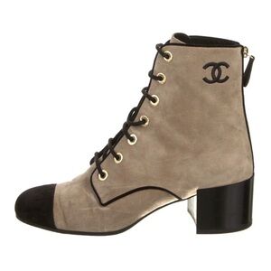 Chanel Interlocking CC Logo Suede CC Lace Up Short Heeled Cap Toe Boots